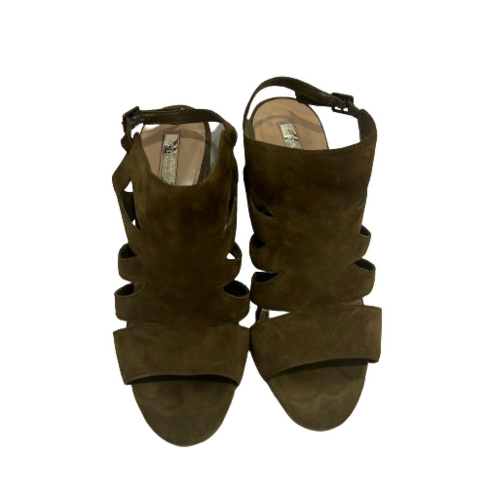 Audrey Brooke Olive Green Suede Block Heel Sandals, Size 9.5